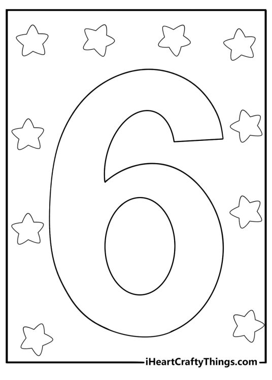 Number 6 with stars around it simple coloring page