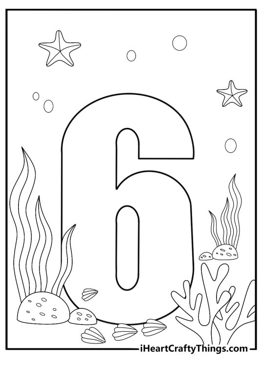 Number 6 with underwater theme fish and waves coloring page