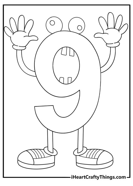 Number 9 cartoon style coloring page for kids