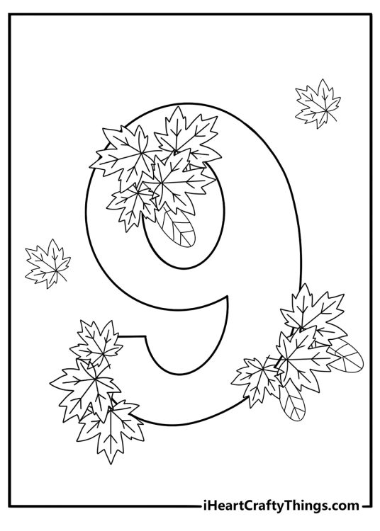 number 9 decorated with autumn leaves coloring page