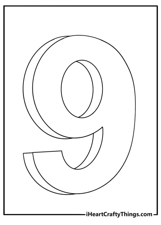 Number 9 in 3d style easy coloring sheet