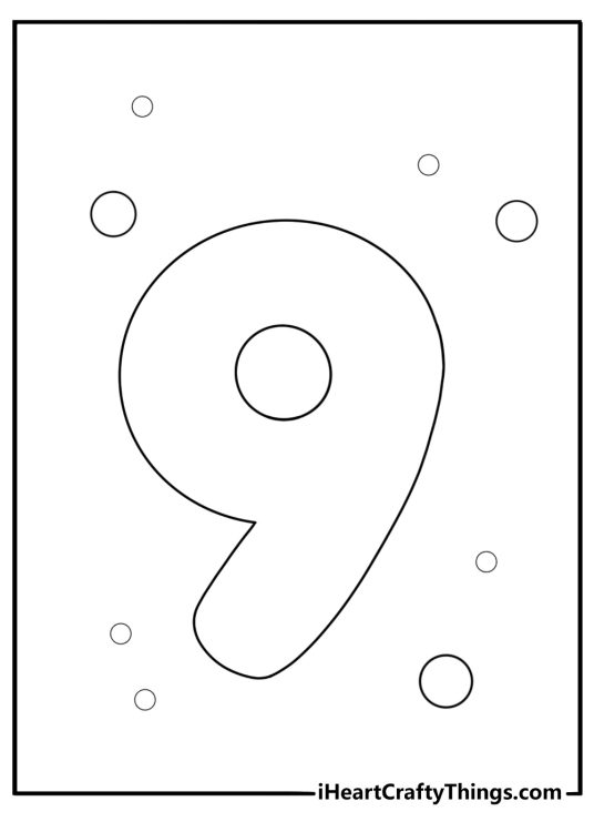Number 9 in bubble letters fun coloring sheet