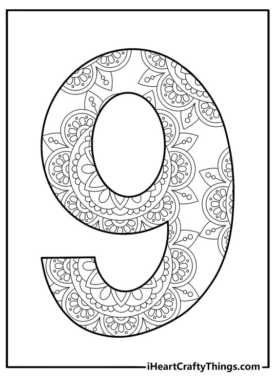 Number 9 in mandala style coloring page for adults