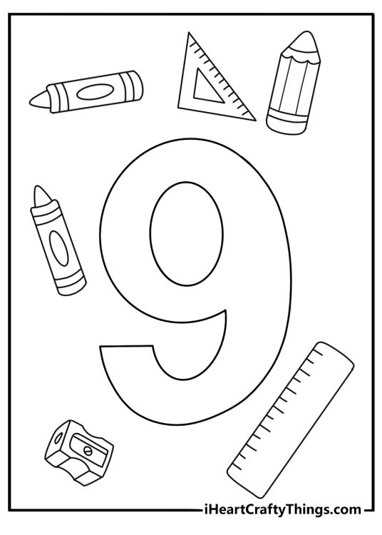 Number 9 surrounded by school supplies coloring page