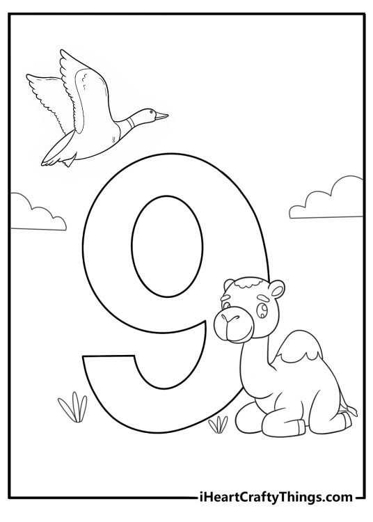 Number 9 with animals around coloring page for kids