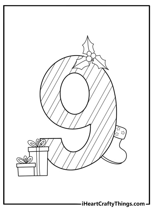 Number 9 with candy theme fun coloring page