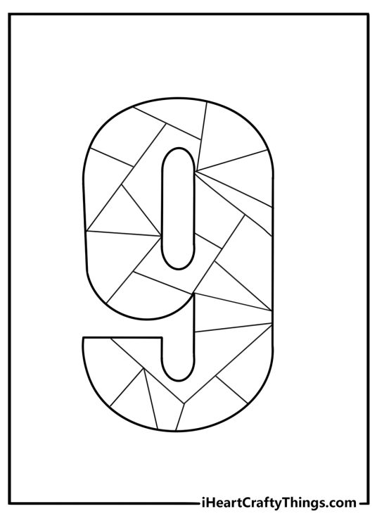 Number 9 with geometric patterns detailed coloring page