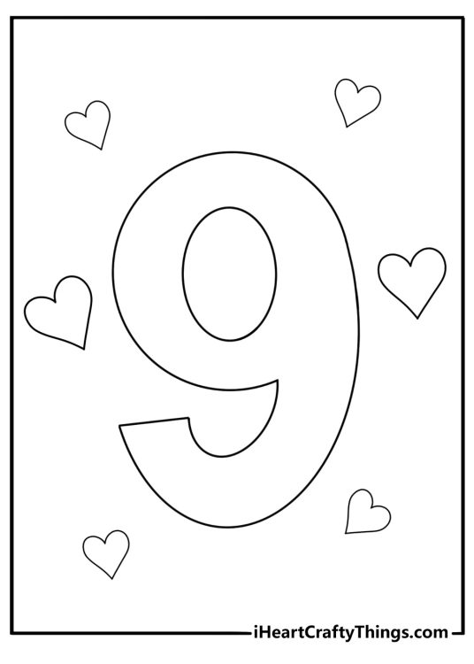 Number 9 with hearts cute coloring page