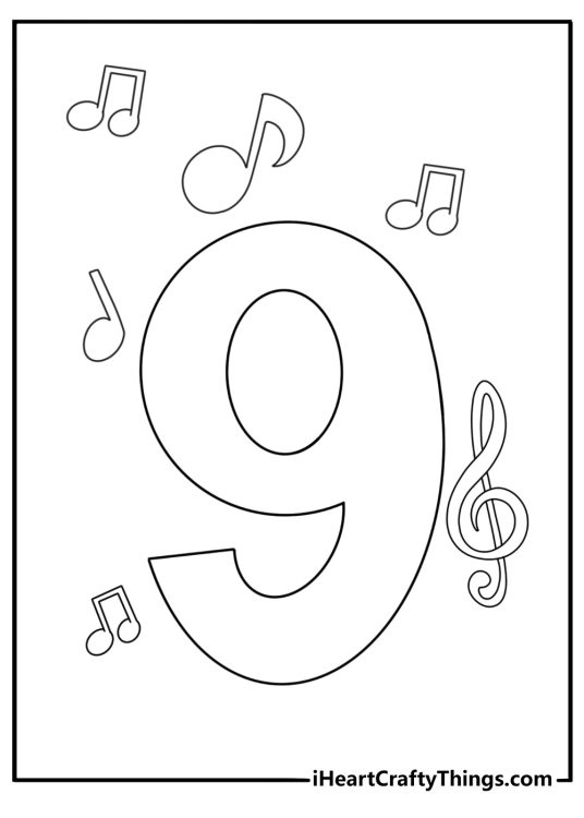 Number 9 with musical notes fun coloring sheet