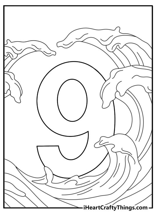 Number 9 with ocean waves coloring sheet