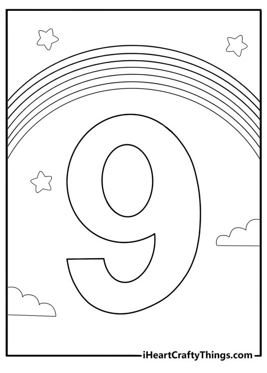 Number 9 with rainbow background coloring page for kids