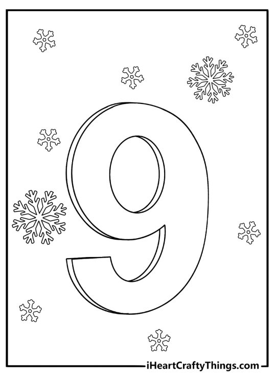 Number 9 with snowflakes winter coloring sheet