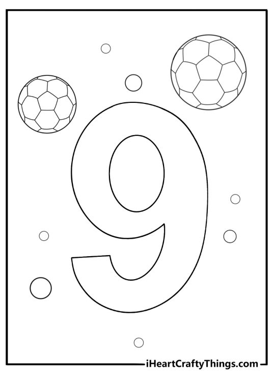 Number 9 with sports equipment coloring page