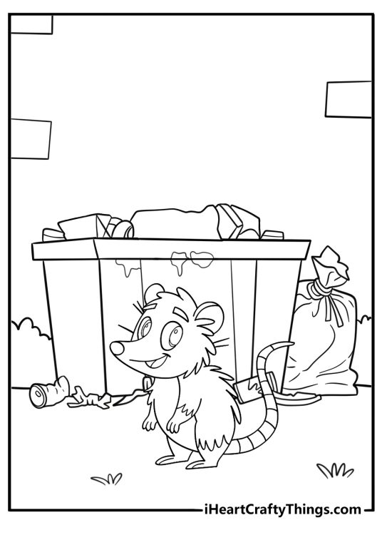 Opossum sniffing near a trash can cartoon style coloring page