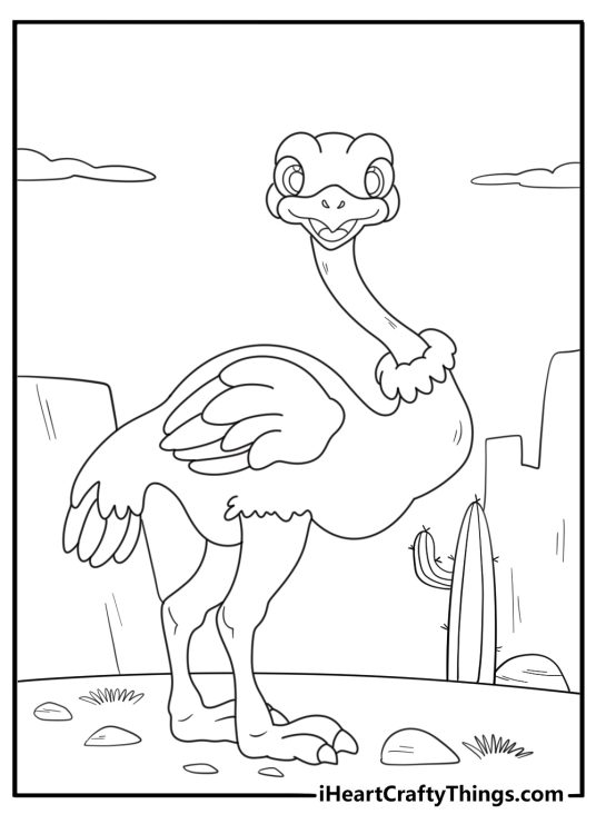 Ostrich standing in the desert easy coloring page for kids