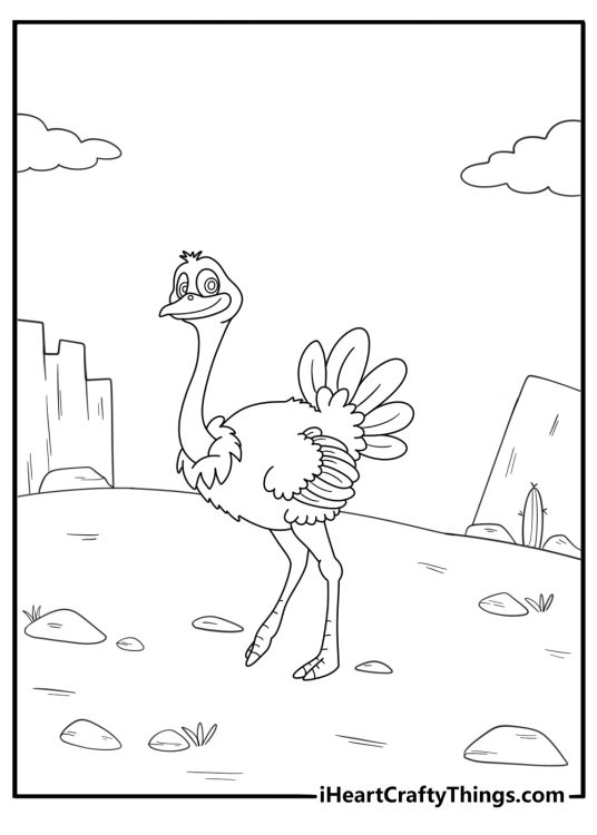 Ostrich walking past rocks and bushes easy nature coloring page