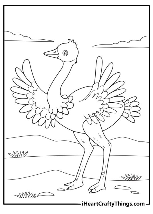 Ostrich with wings slightly open side view coloring page