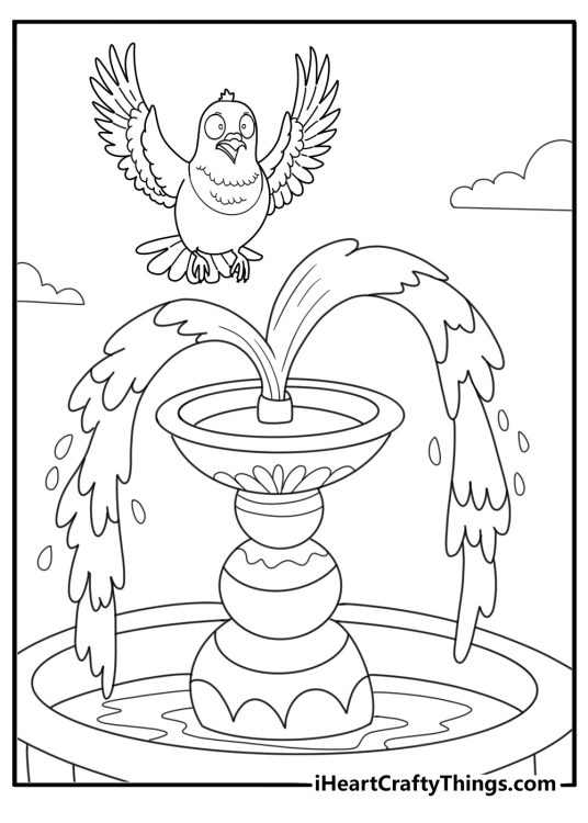 Pigeon flapping wings next to a fountain simple coloring page