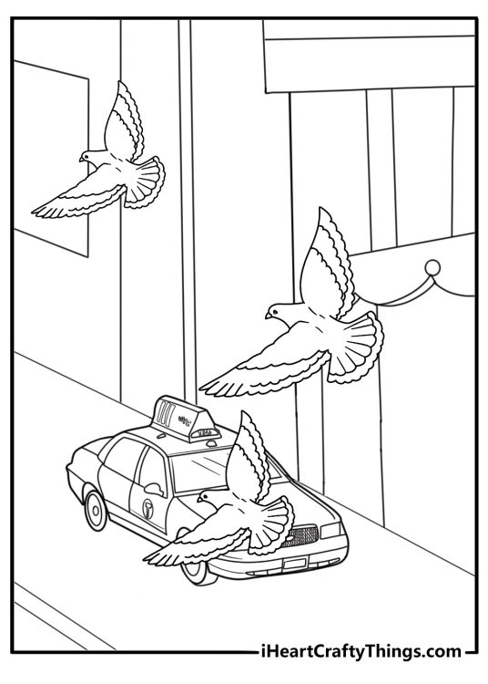 Pigeon flying above traffic and cars city themed coloring page