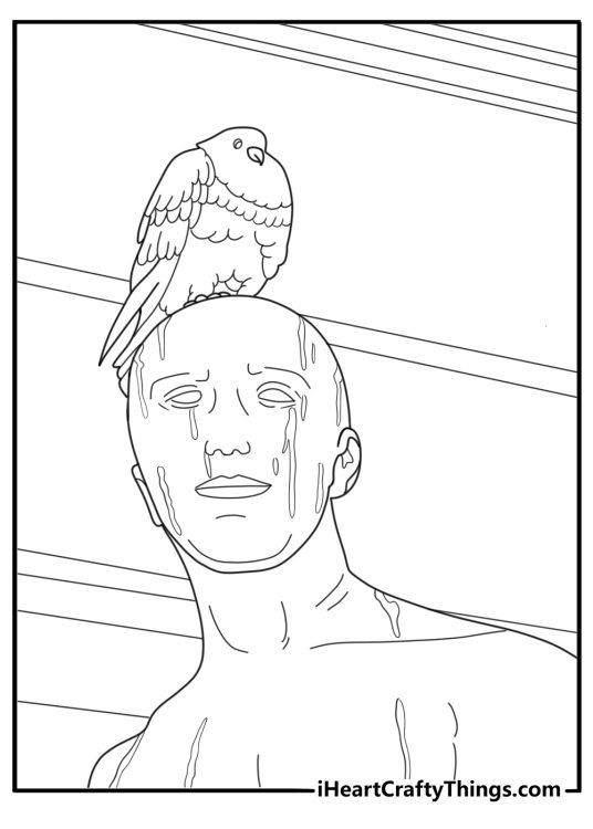 Pigeon sitting beside a statue in a plaza detailed coloring sheet