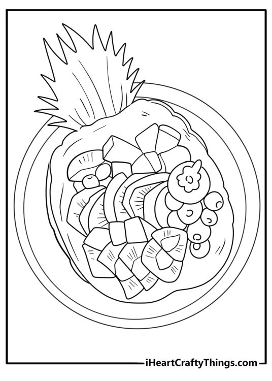 pineapple slice on a plate next to other fruits coloring sheet