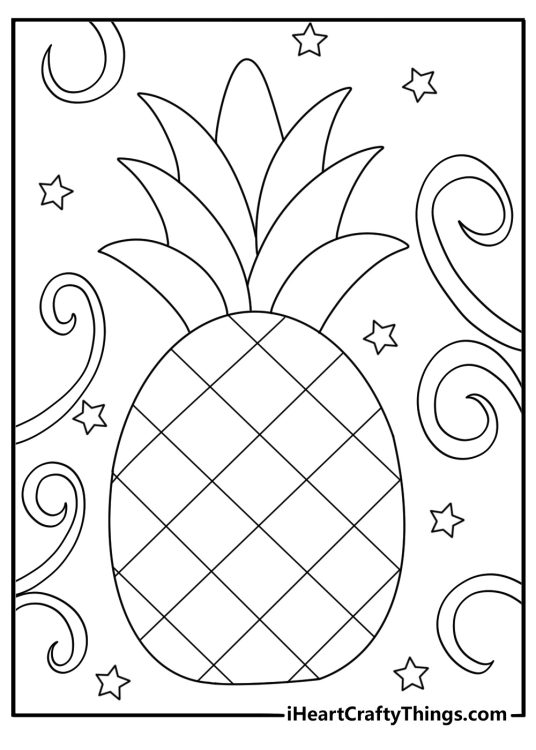 pineapple surrounded by stars and swirls simple coloring sheet