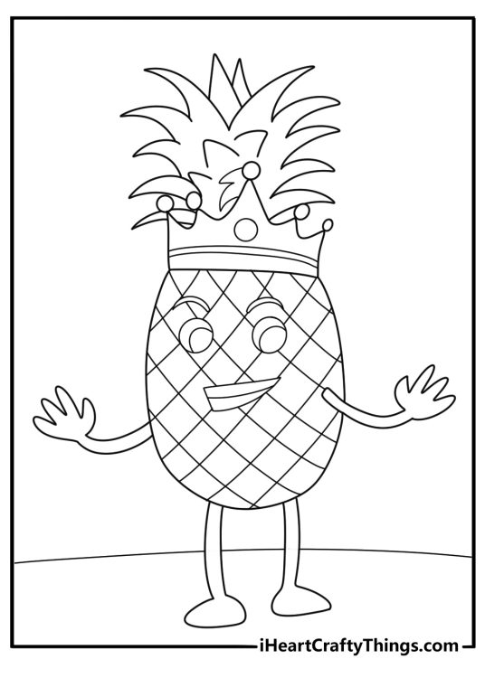 pineapple wearing a crown cartoon style coloring page