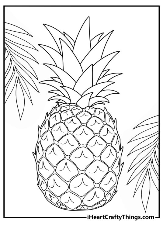pineapple with palm tree leaves in the background coloring page