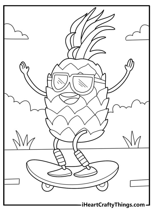 pineapple with sunglasses riding a skateboard fun coloring sheet