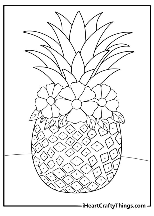 pineapple with tropical flowers around it printable coloring sheet