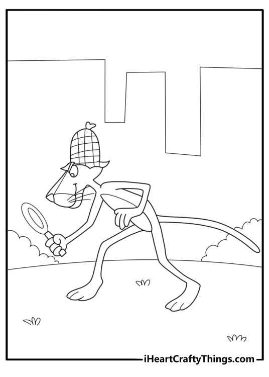 Pink panther holding a magnifying glass cartoon style coloring sheet