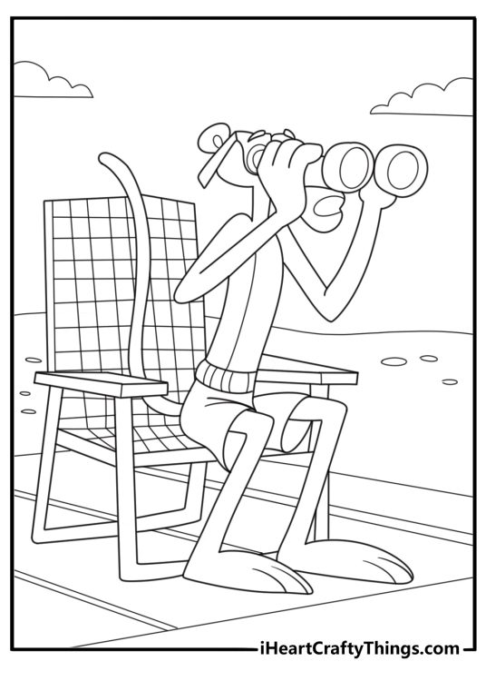 Pink panther looking through binoculars adventure coloring sheet