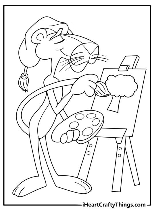 Pink panther painting on a canvas creative activity coloring sheet