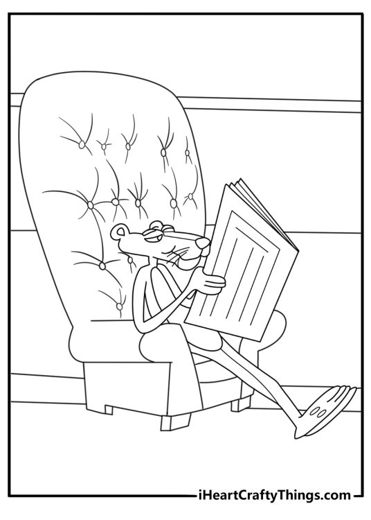 Pink panther reading a newspaper on a bench coloring page for kids