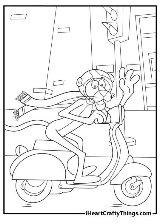 Pink panther riding a scooter city themed coloring page for kids