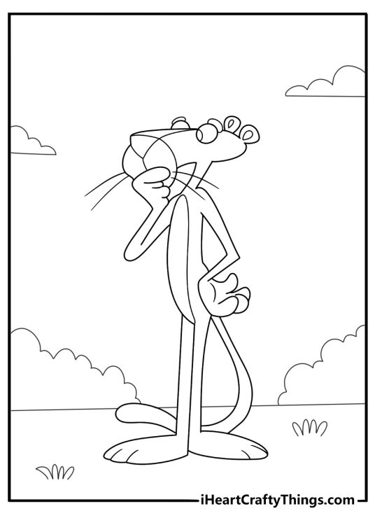 Pink panther thinking with one hand on chin simple coloring sheet