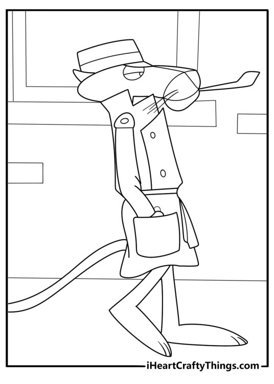 Pink panther with detective hat mystery themed coloring page