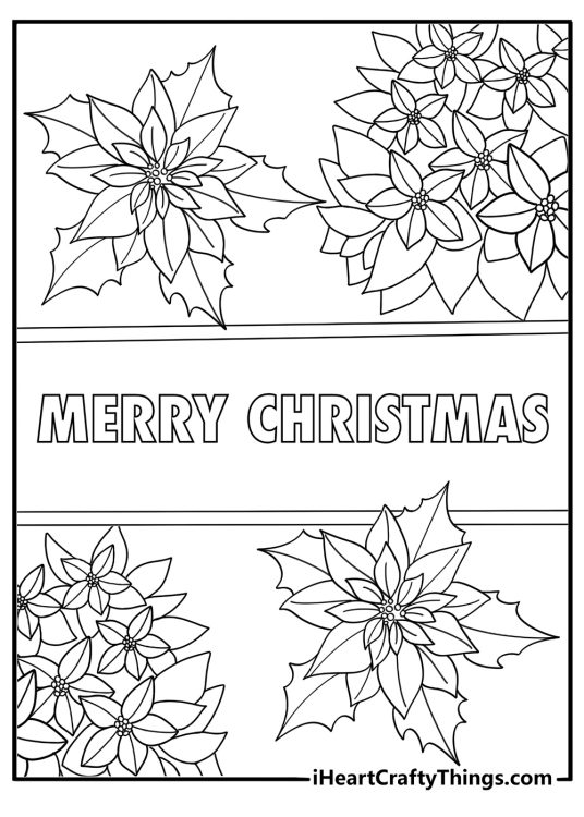 Poinsettia flowers around Merry Christmas sign coloring page