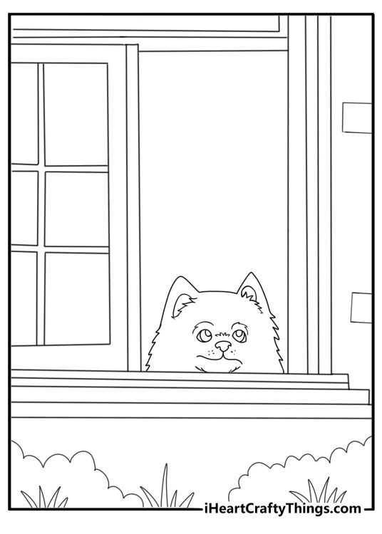 Pomeranian looking out a window home scene coloring sheet