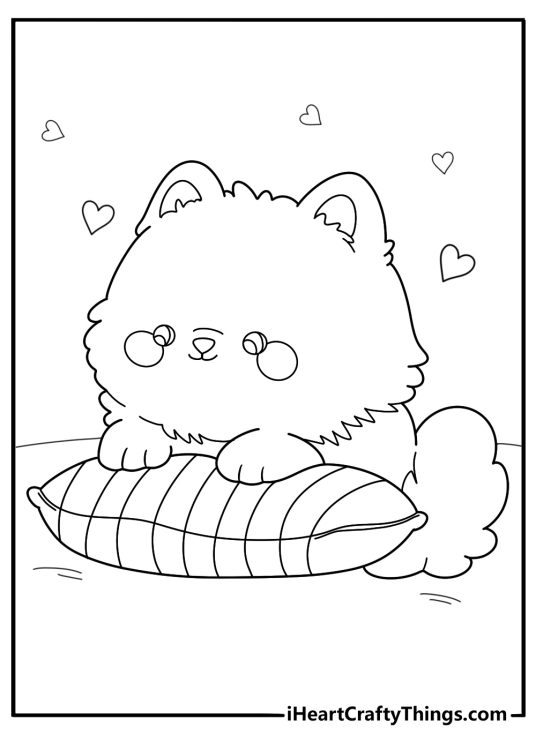 Pomeranian sitting on a pillow easy coloring page for kids