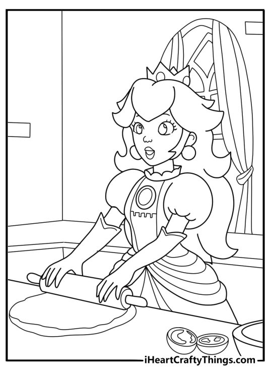 princess peach cooking in her castle kitchen coloring page