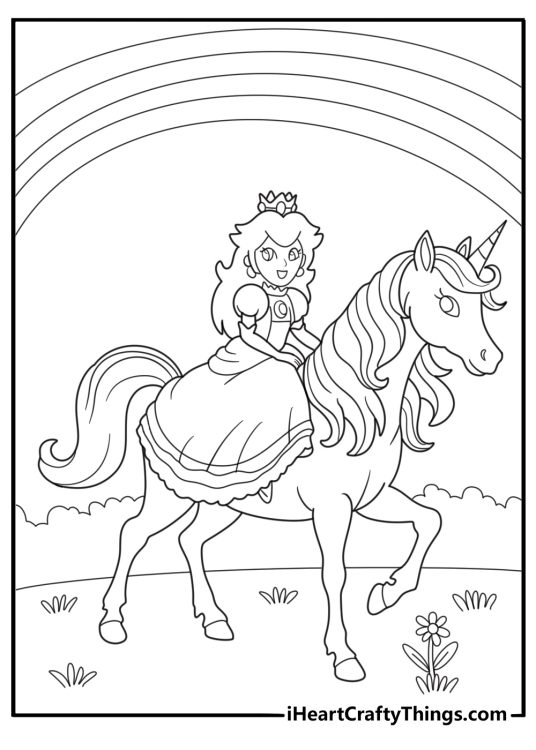 princess peach riding a horse simple coloring sheet for kids