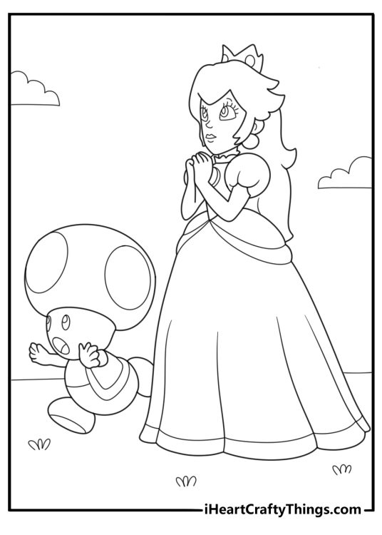 princess peach with toad characters easy printable coloring sheet
