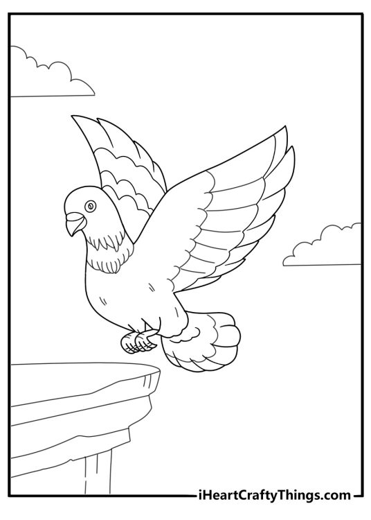Realistic pigeon landing on a ledge coloring page for adults