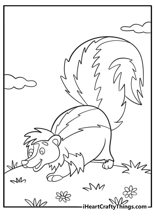 Realistic skunk sniffing the ground detailed coloring page