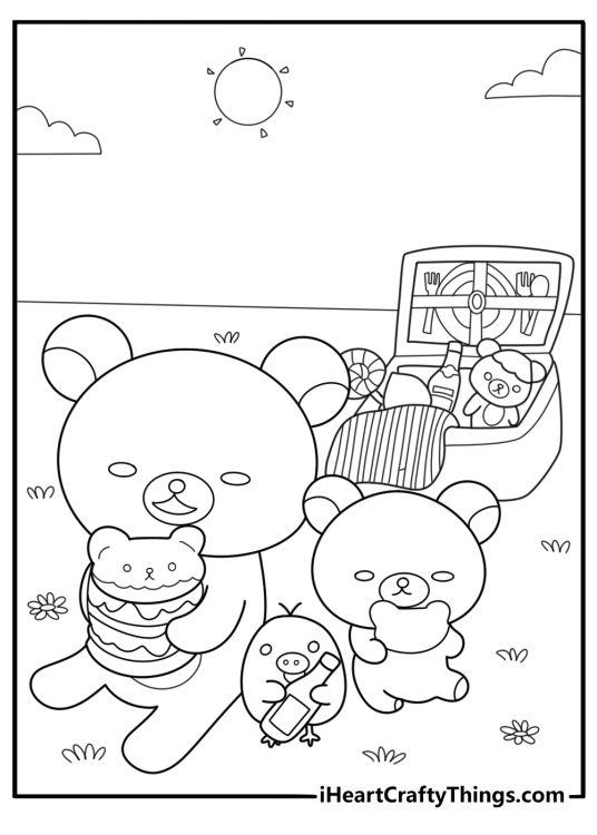 Rilakkuma and friends on a picnic cartoon style coloring page