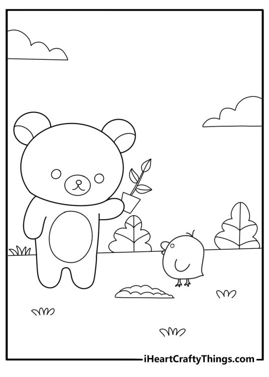 Rilakkuma and kiiroitori planting flowers spring themed coloring sheet