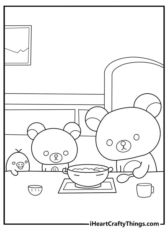 Rilakkuma and korilakkuma cooking in the kitchen coloring page