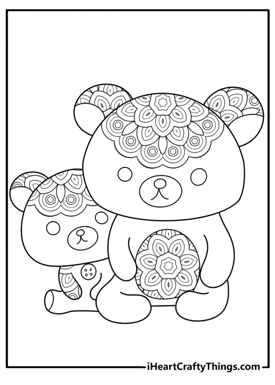 Rilakkuma and korilakkuma in a mandala frame detailed coloring page for adults