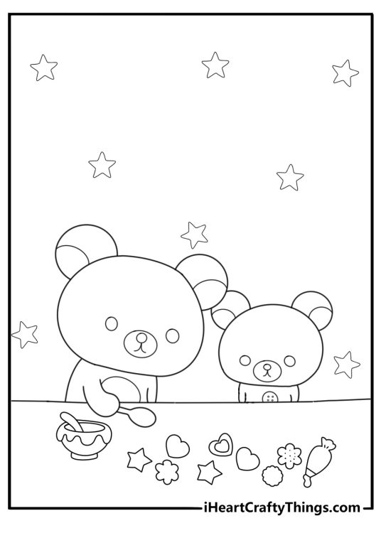Rilakkuma and korilakkuma making sweets in the kitchen food themed coloring page